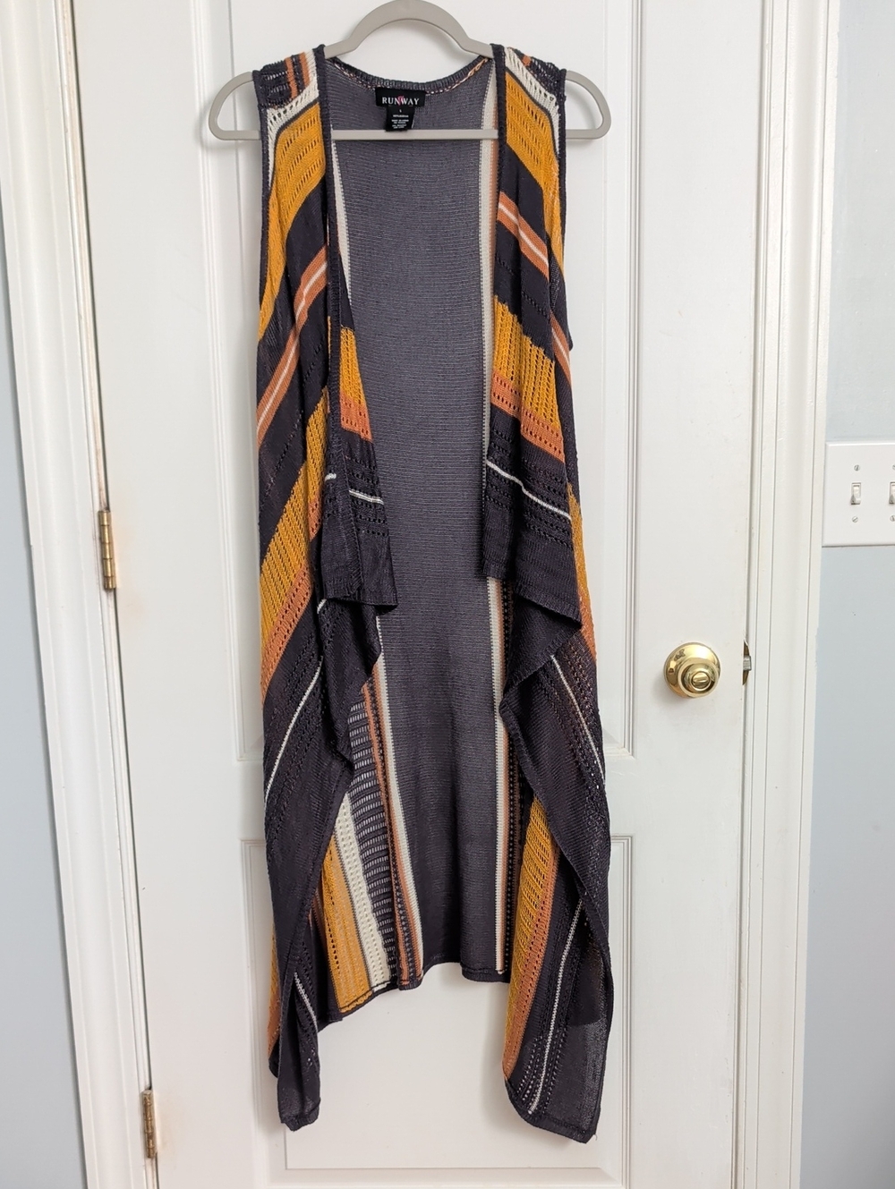 Runway Striped Open Knit waterfall Vest Hippie Boho Layering Open Cardigan L